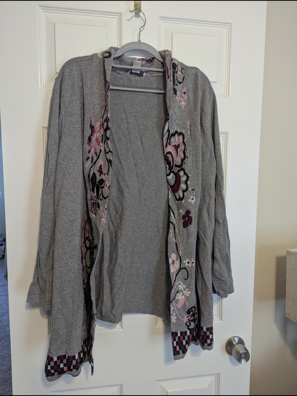 CJ Banks Gray Hooded Open-Front Cardigan with Pink Floral Detail